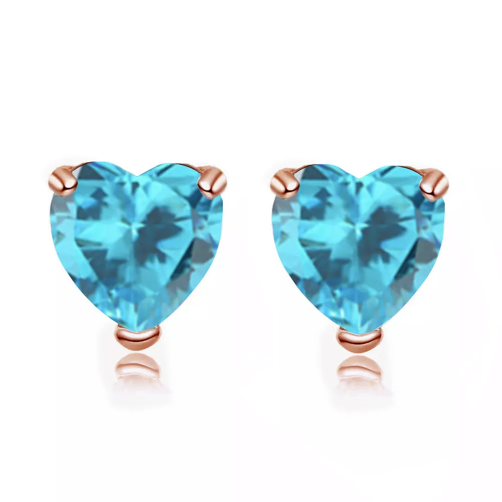 24k Rose Gold Plated 1 Carat Heart Created Blue Topaz Sapphire Stud Earrings