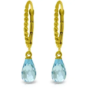 3 Carat 14K Solid Yellow Gold Leverback Earrings Briolette Blue Topaz