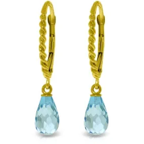 3 Carat 14K Solid Yellow Gold Leverback Earrings Briolette Blue Topaz