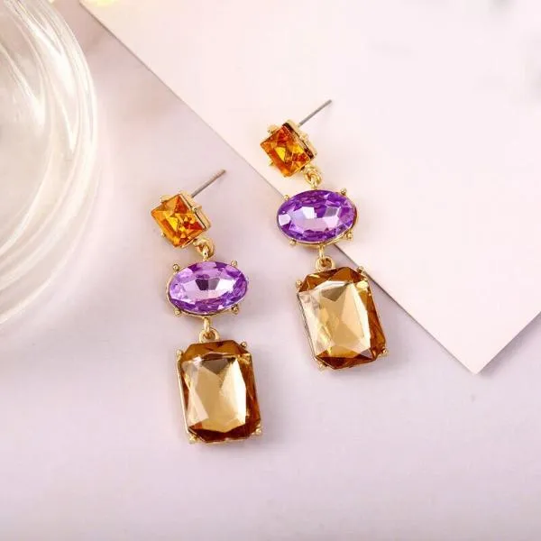 3 Stone Purple Orange Champagne Rhinestone Earrings