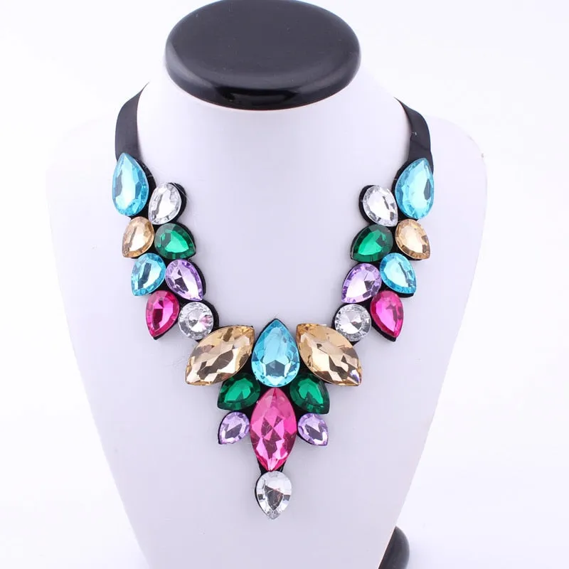 5 Colors Statement Black Ribbon V Shape Water Drop Big Gem Bib Necklaces Rhinestone Crystal Choker Necklaces Pendants For Women