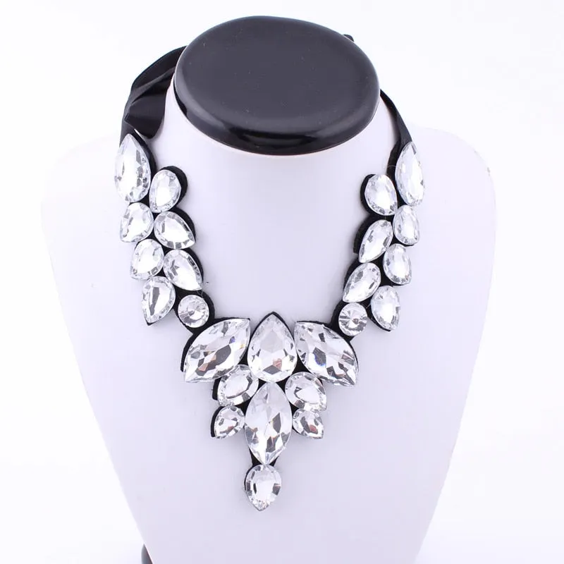 5 Colors Statement Black Ribbon V Shape Water Drop Big Gem Bib Necklaces Rhinestone Crystal Choker Necklaces Pendants For Women