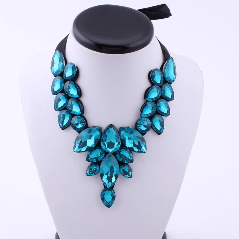 5 Colors Statement Black Ribbon V Shape Water Drop Big Gem Bib Necklaces Rhinestone Crystal Choker Necklaces Pendants For Women