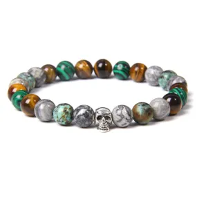 8mm Malachite Tiger-Eye Skull Bead Bracelet