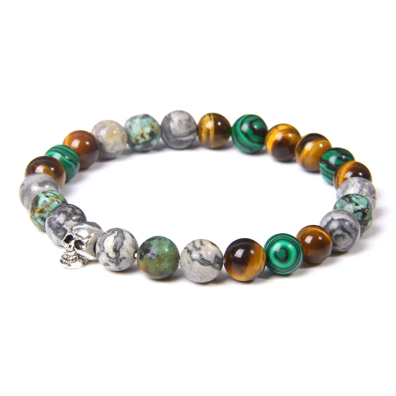 8mm Malachite Tiger-Eye Skull Bead Bracelet