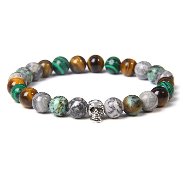 8mm Malachite Tiger-Eye Skull Bead Bracelet