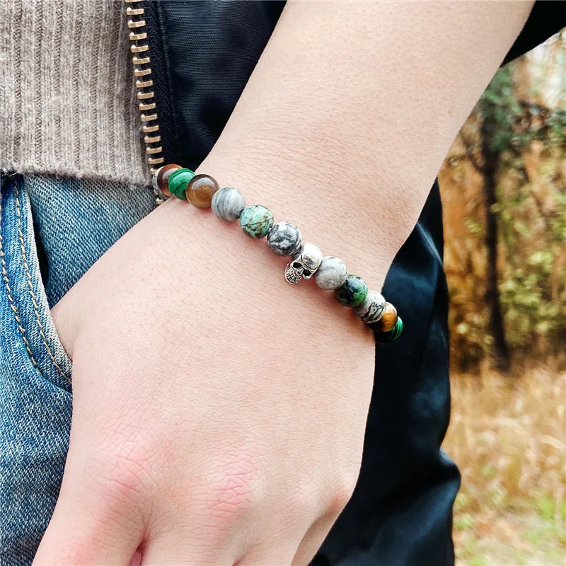 8mm Malachite Tiger-Eye Skull Bead Bracelet