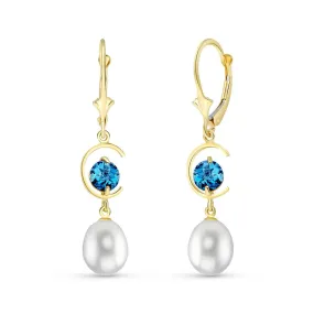 9 Carat 14K Solid Yellow Gold Moonstruck Blue Topaz Pearl Earrings