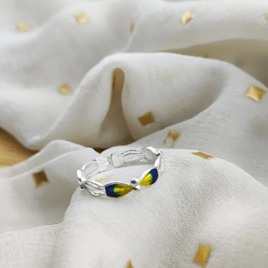 925 Silver Enamel Colourful Floral Band Yellow Blue Slim Ring