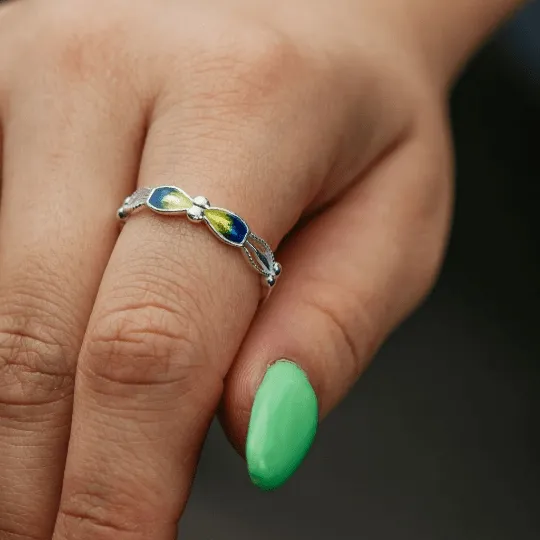 925 Silver Enamel Colourful Floral Band Yellow Blue Slim Ring