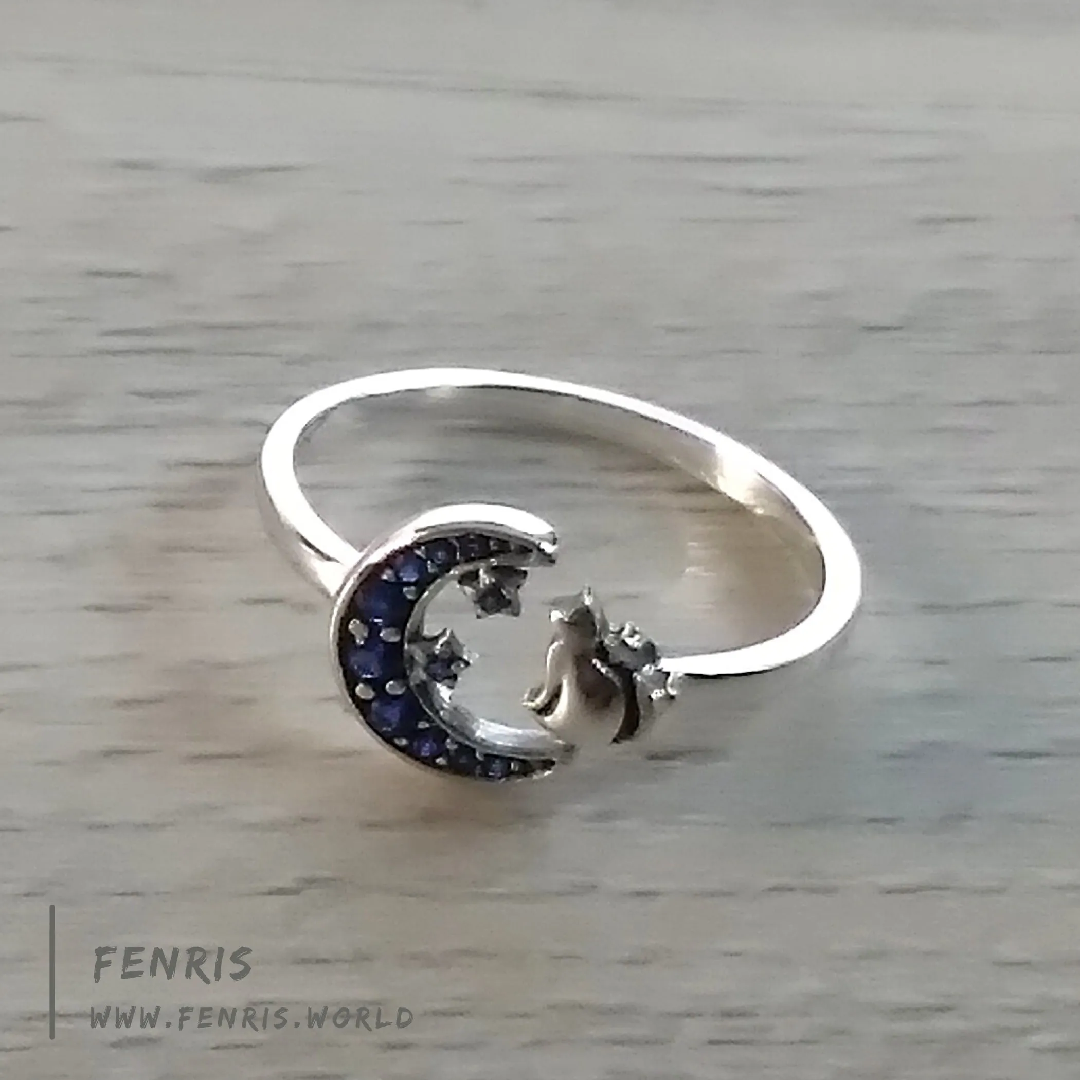 925 Silver Ring Cat Moon Blue CZ Stones Adjustable - Fenris