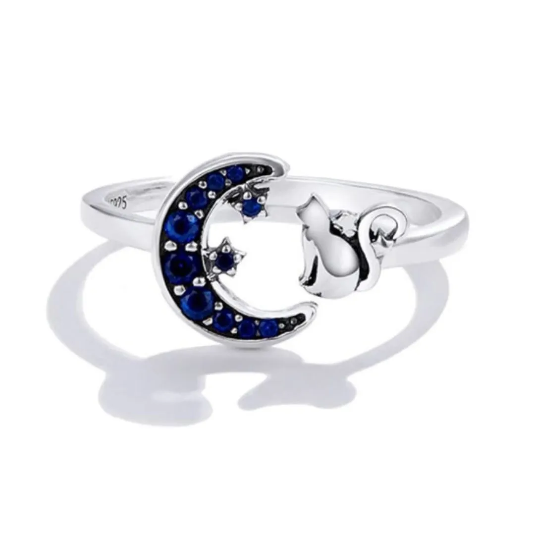 925 Silver Ring Cat Moon Blue CZ Stones Adjustable - Fenris