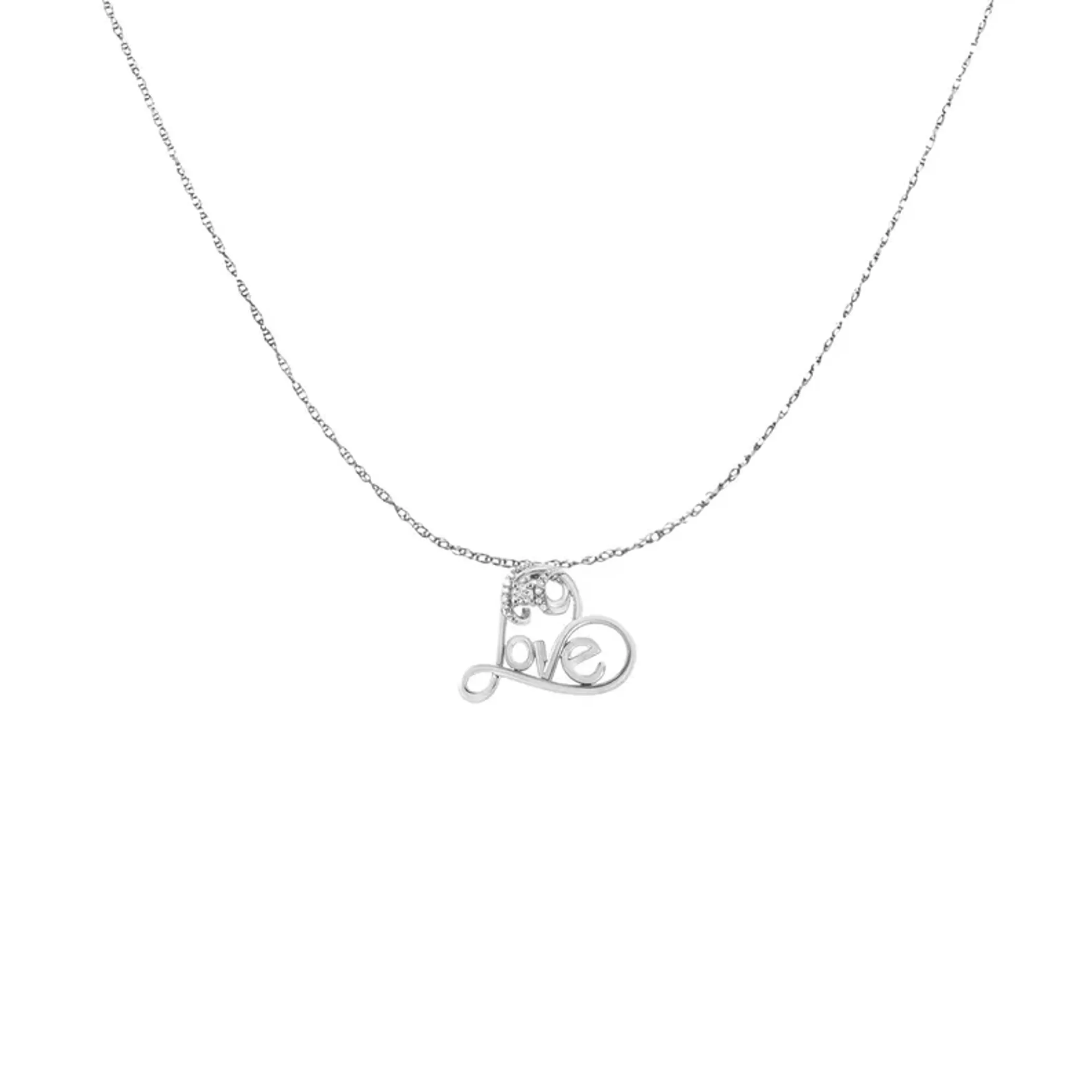 .925 Sterling Silver 1/10 Cttw Round Brilliant-Cut Diamond Accented Open Heart with Love 18" Pendant Necklace (H-I Color, I1-I2 Clarity)