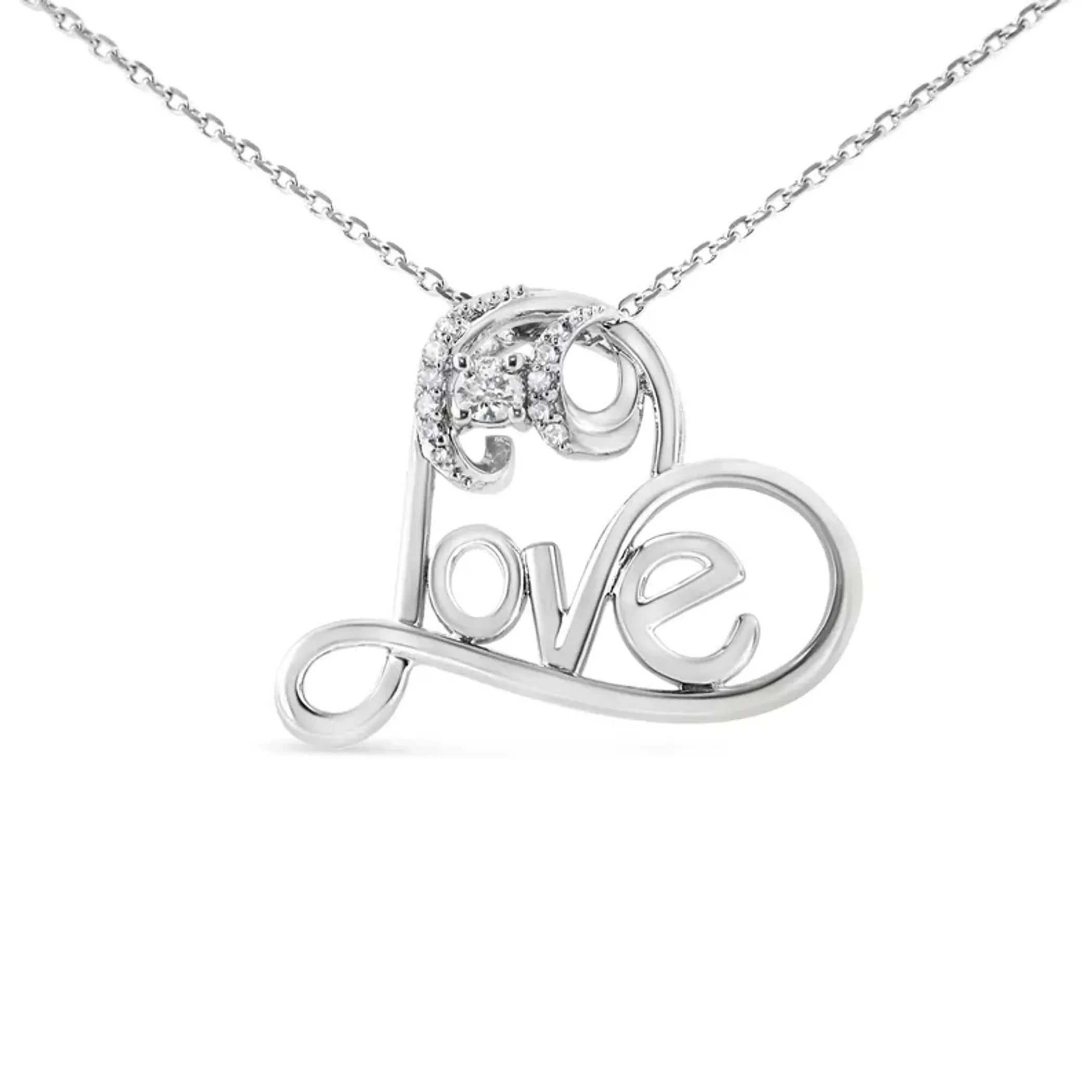 .925 Sterling Silver 1/10 Cttw Round Brilliant-Cut Diamond Accented Open Heart with Love 18" Pendant Necklace (H-I Color, I1-I2 Clarity)