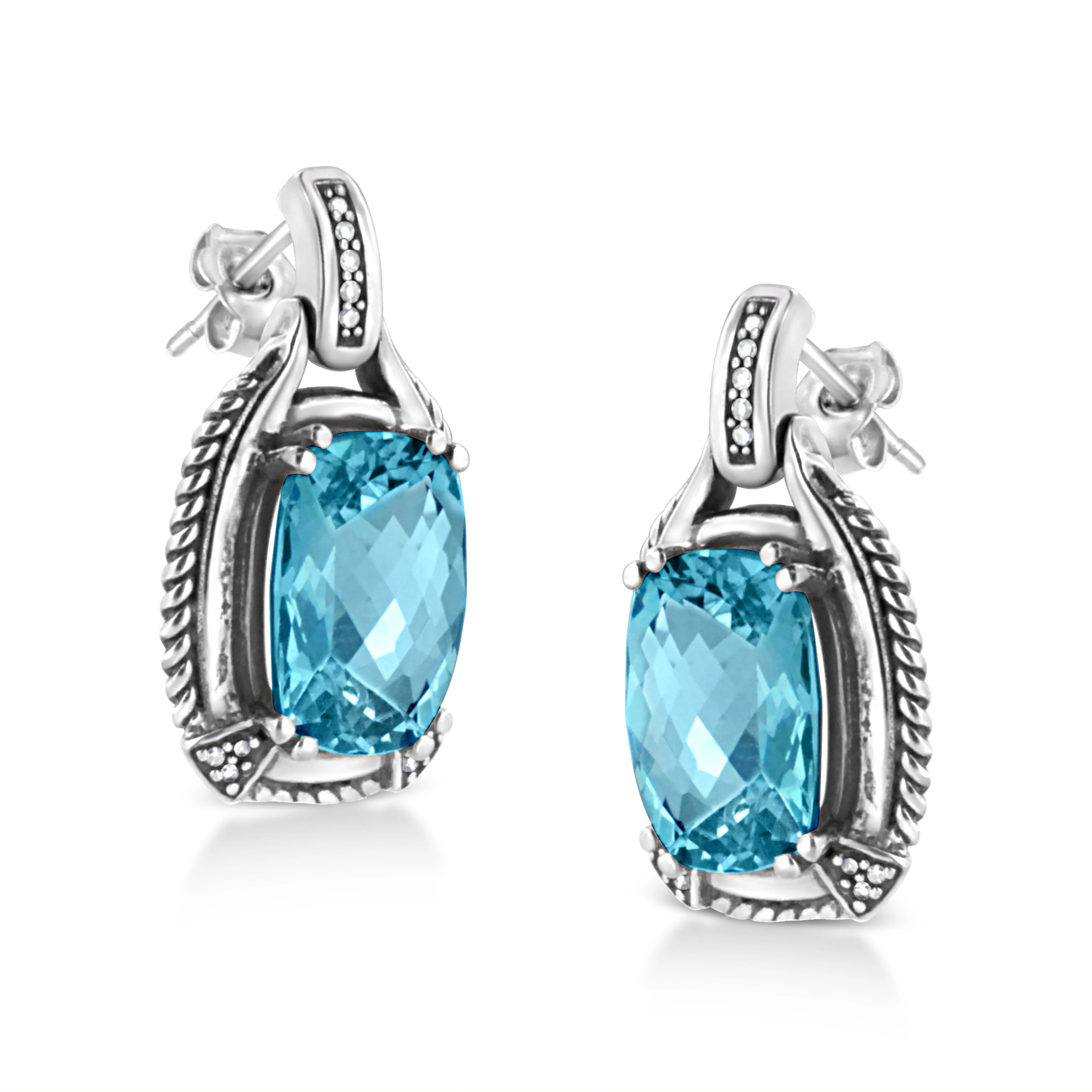 .925 Sterling Silver 14x10MM Cushion Cut Blue Topaz Gemstone and Diamond Accent Dangle Earring