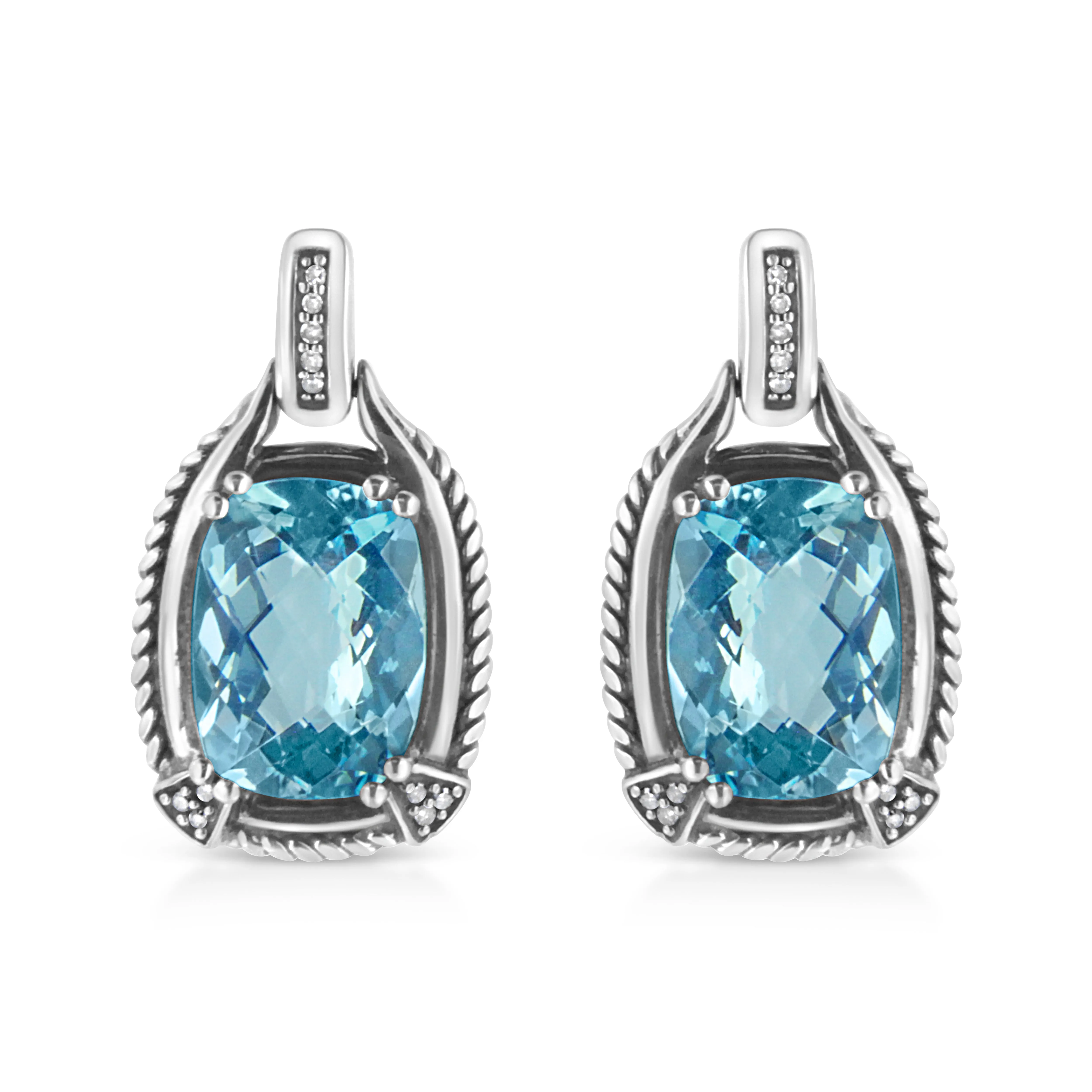 .925 Sterling Silver 14x10MM Cushion Cut Blue Topaz Gemstone and Diamond Accent Dangle Earring