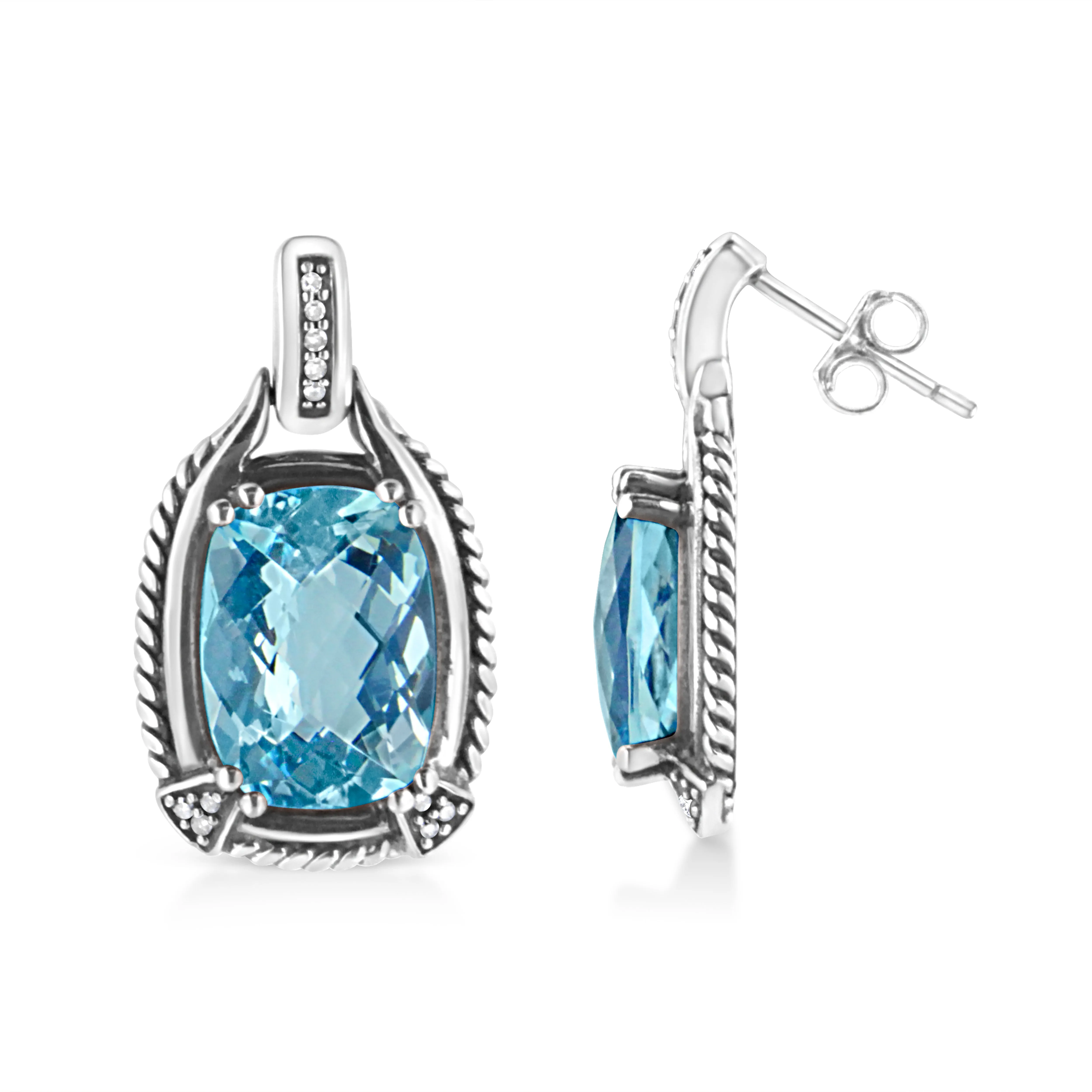 .925 Sterling Silver 14x10MM Cushion Cut Blue Topaz Gemstone and Diamond Accent Dangle Earring