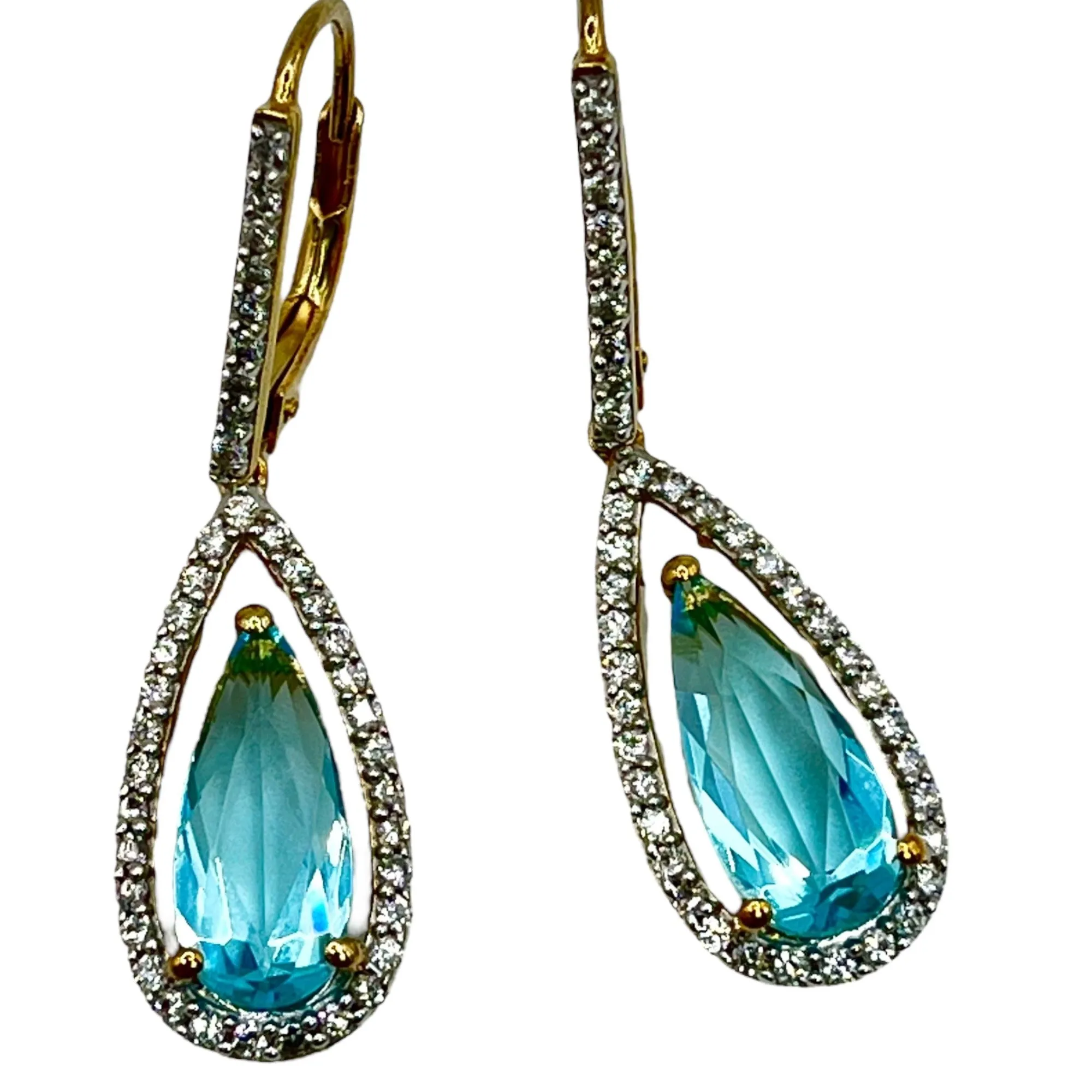 925 Sterling Silver Gold Layered Blue Topaz Dangle Drop Earrings CZ Accents