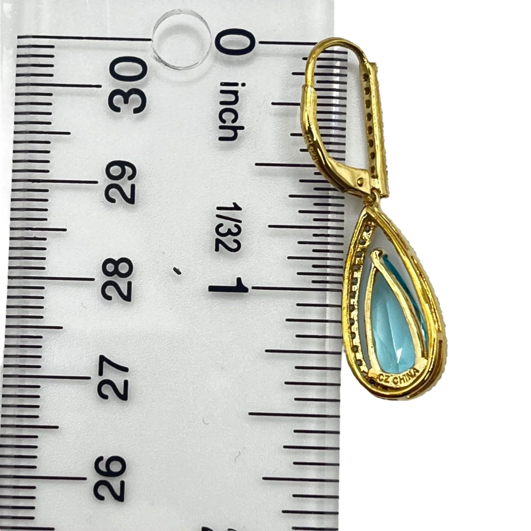 925 Sterling Silver Gold Layered Blue Topaz Dangle Drop Earrings CZ Accents