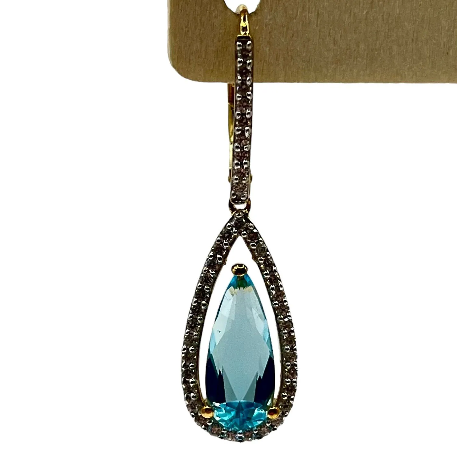 925 Sterling Silver Gold Layered Blue Topaz Dangle Drop Earrings CZ Accents