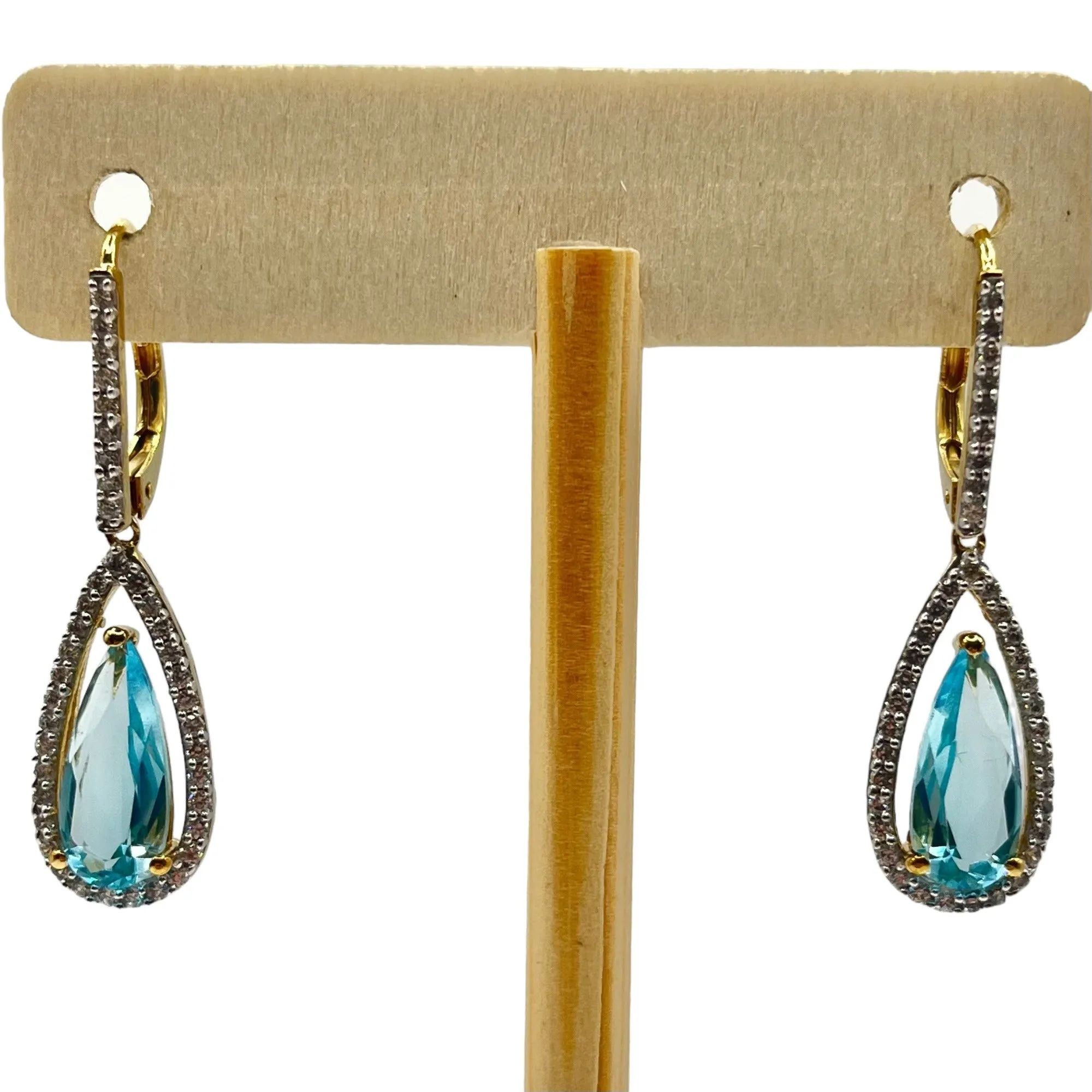 925 Sterling Silver Gold Layered Blue Topaz Dangle Drop Earrings CZ Accents