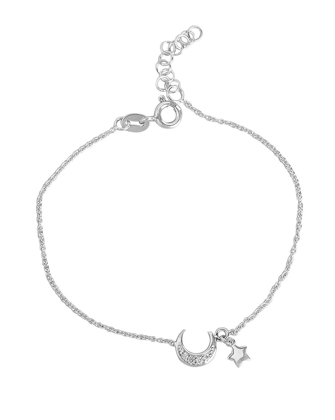 925 Sterling Silver Women Rhodium Plated With Cz Moon & Stars Charm Bracelet Adjustable