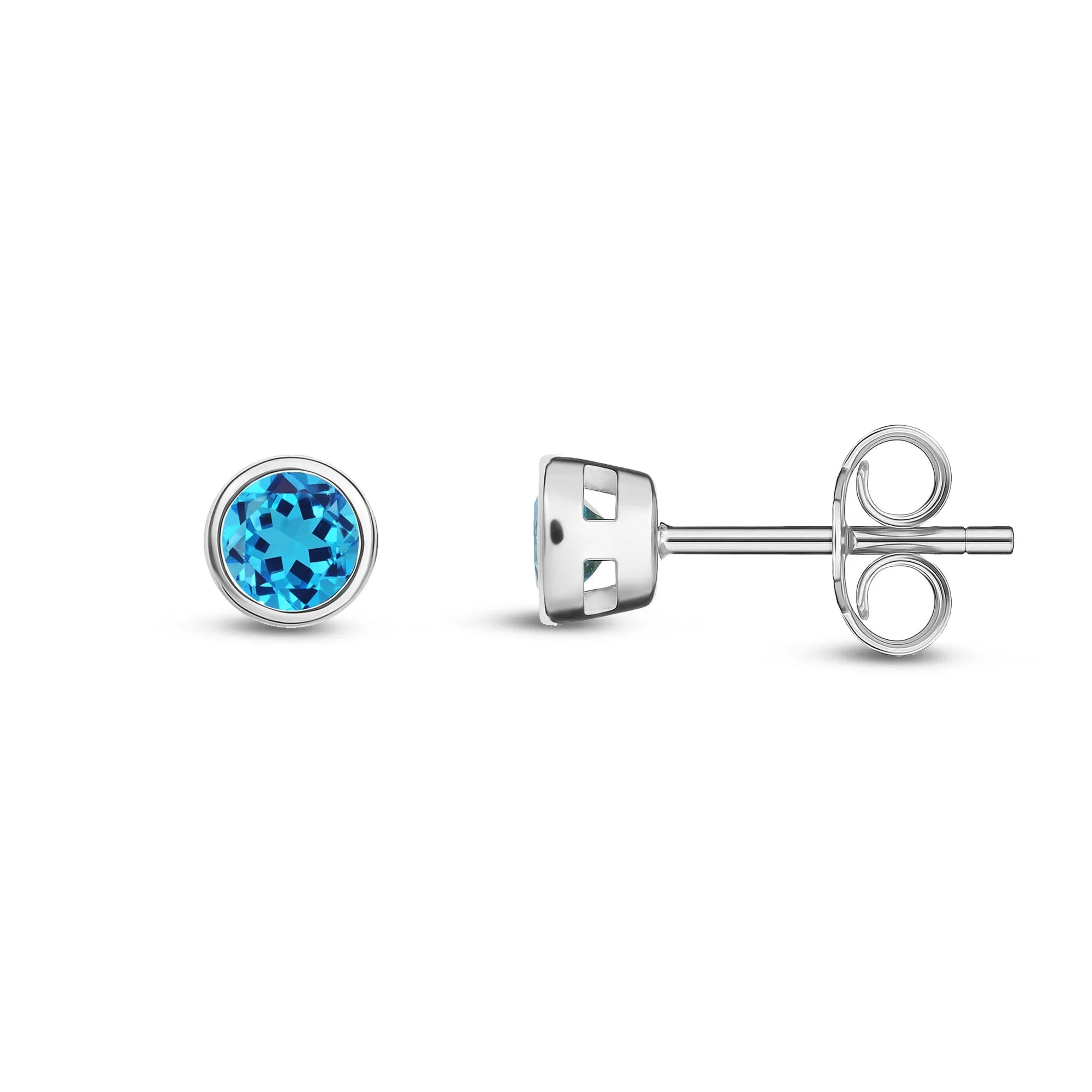 9ct White Gold 3mm Swiss Blue Topaz Rubover Stud Earrings 0.27ct