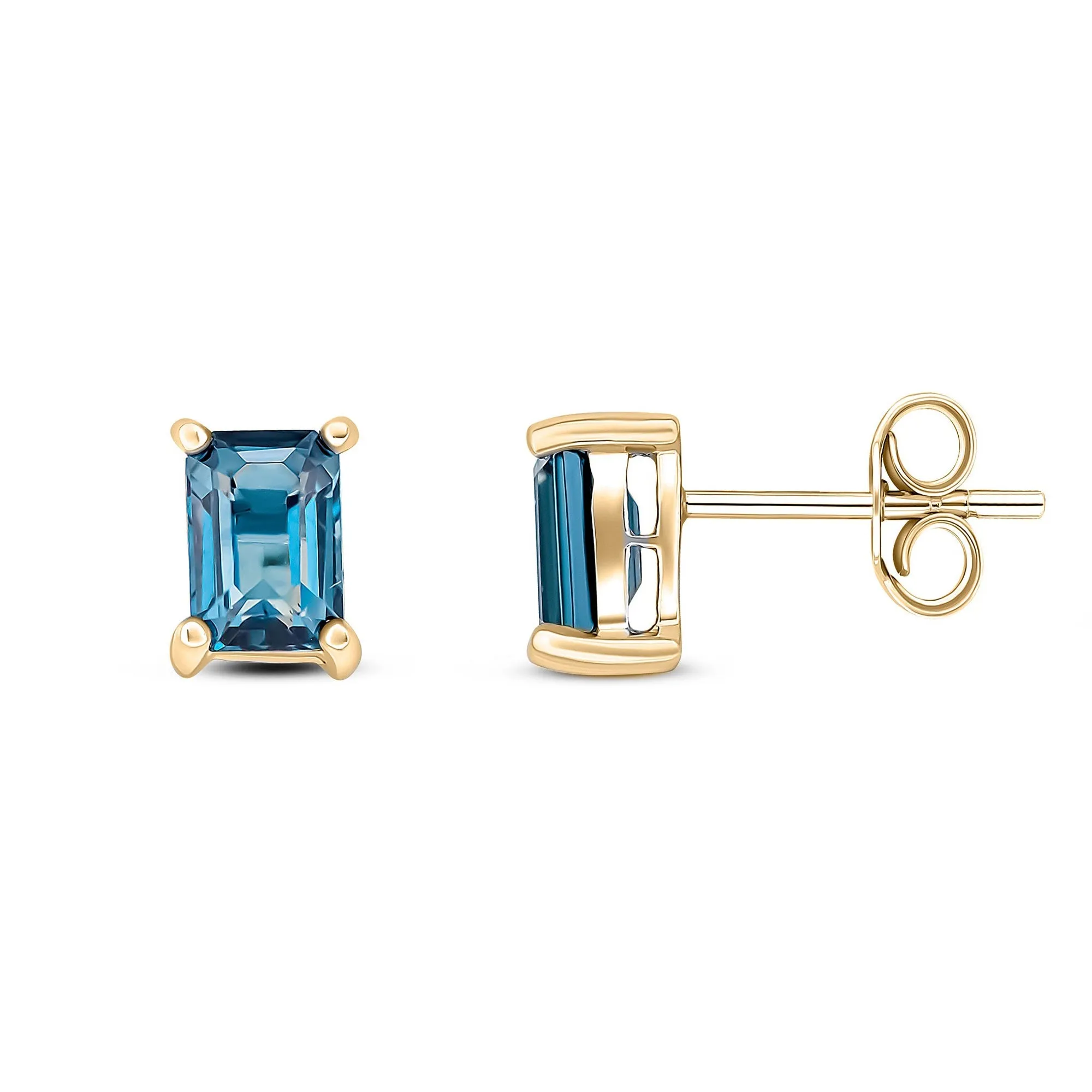 9ct Yellow Gold Octanganol London Blue Topaz Claw Stud Earrings 1.33ct