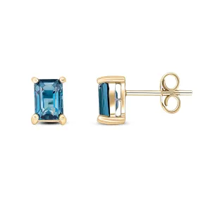 9ct Yellow Gold Octanganol London Blue Topaz Claw Stud Earrings 1.33ct