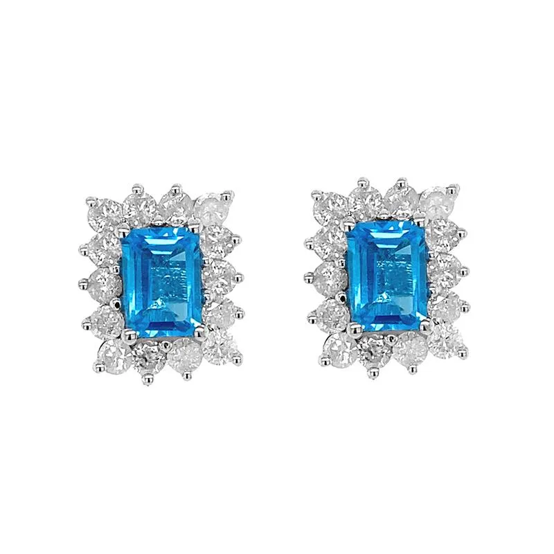 9K White Gold Blue Topaz & Diamond Stud Earrings