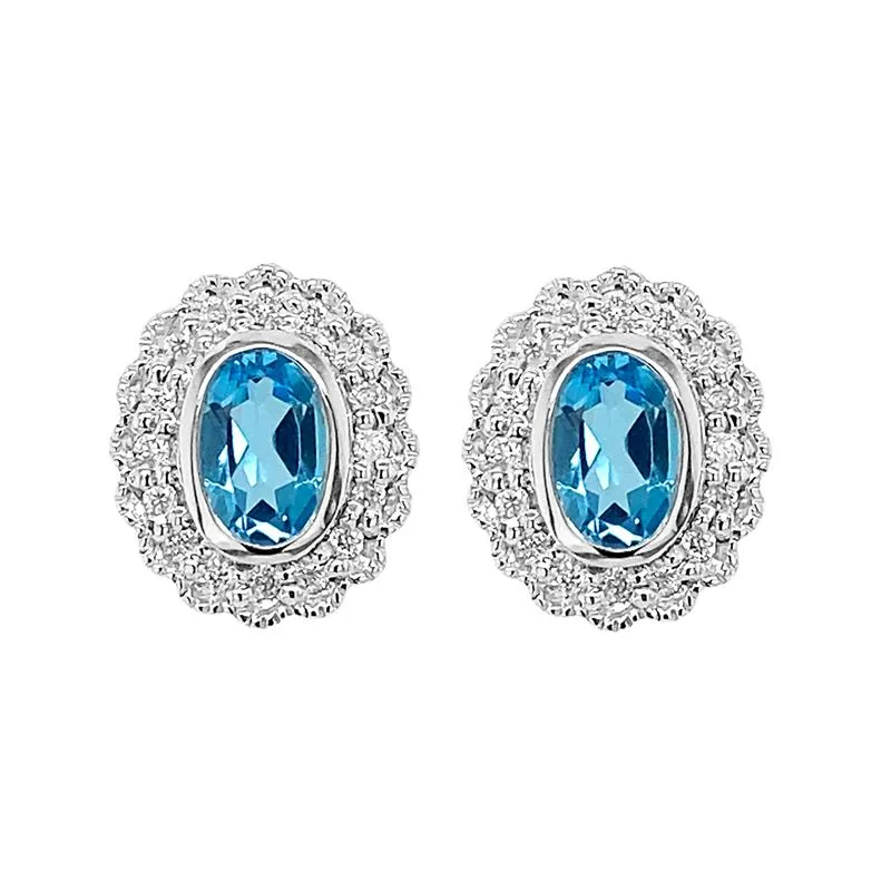 9K White Gold Swiss Blue Topaz & Diamond Stud Earrings