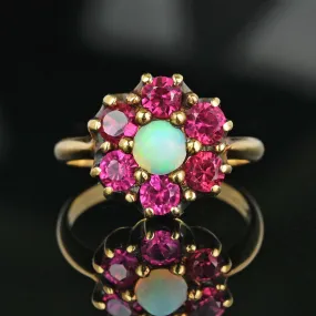 Antique Gold Ruby Halo Cluster Opal Ring