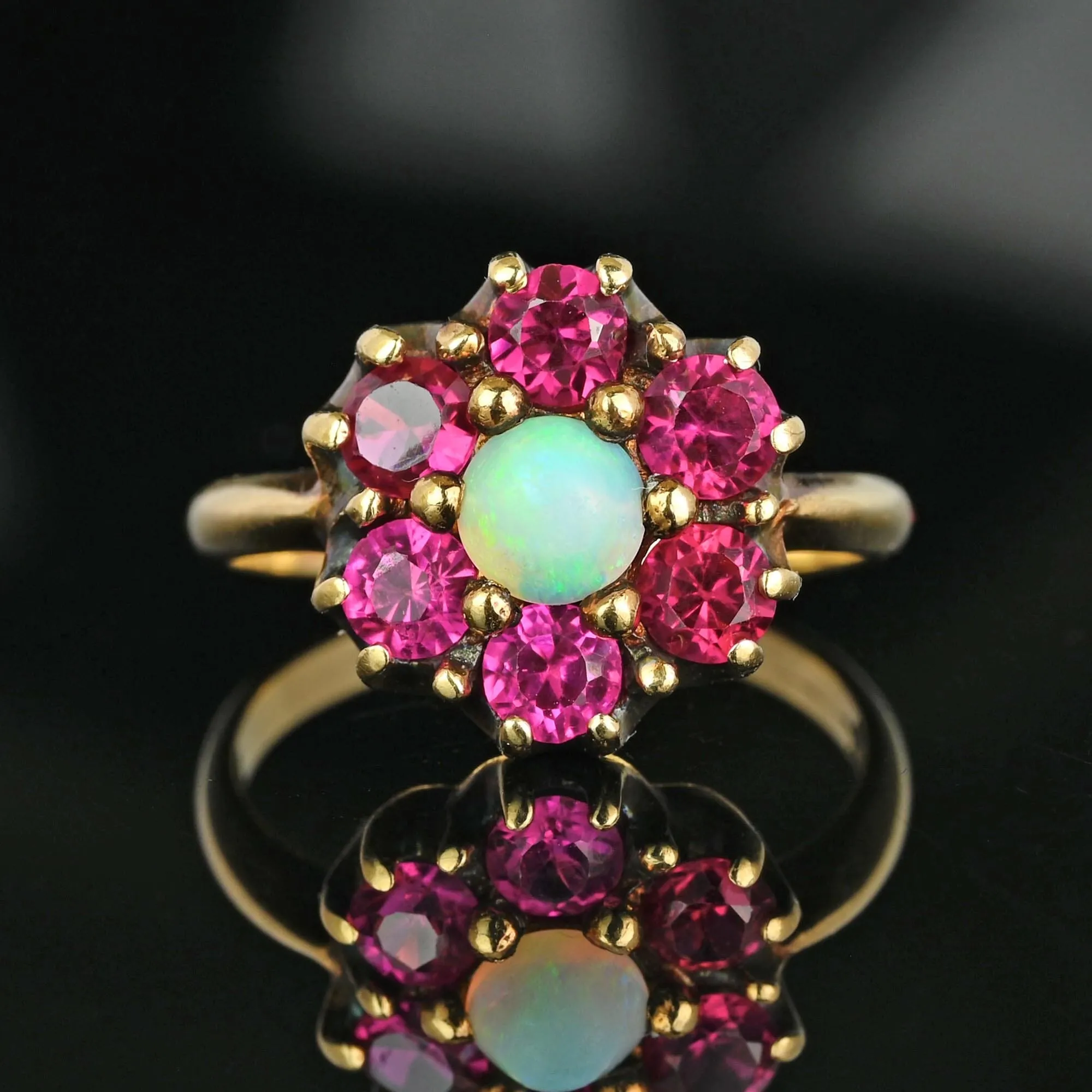 Antique Gold Ruby Halo Cluster Opal Ring