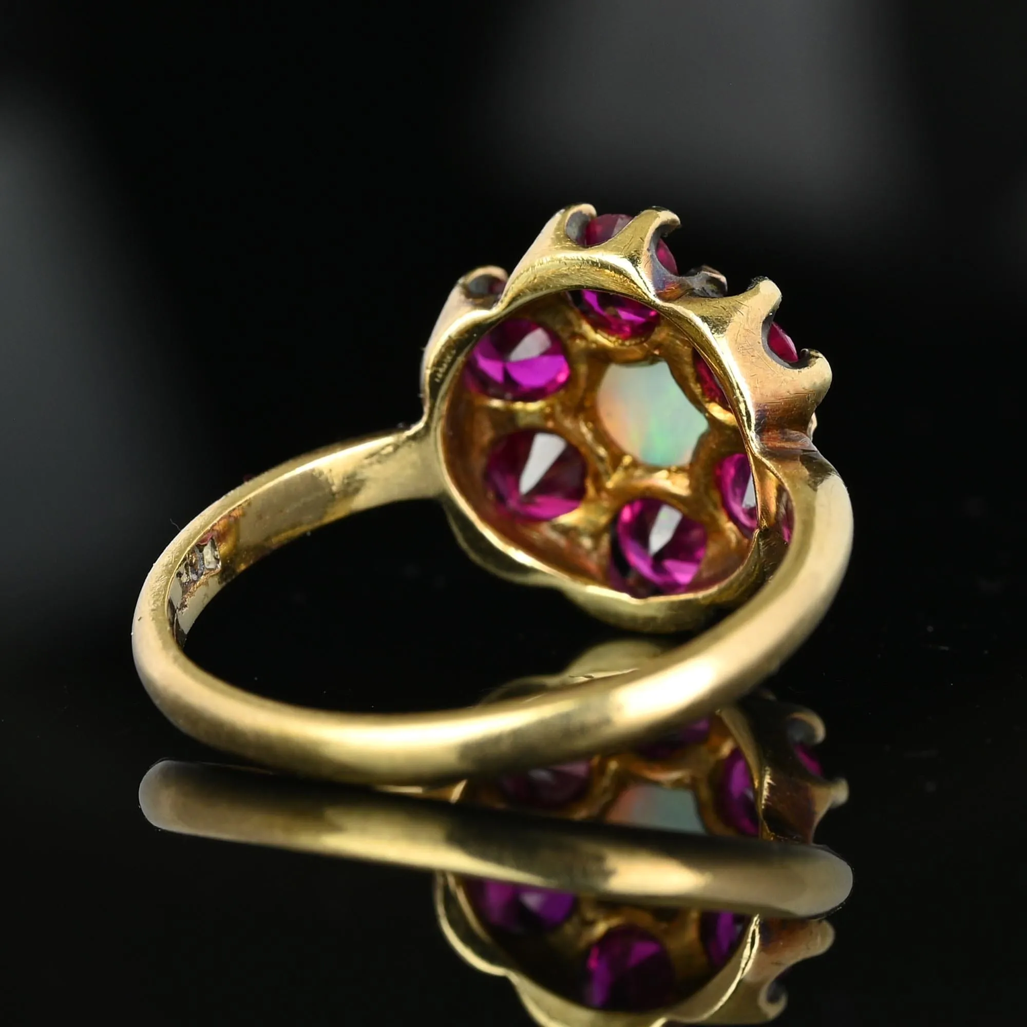 Antique Gold Ruby Halo Cluster Opal Ring