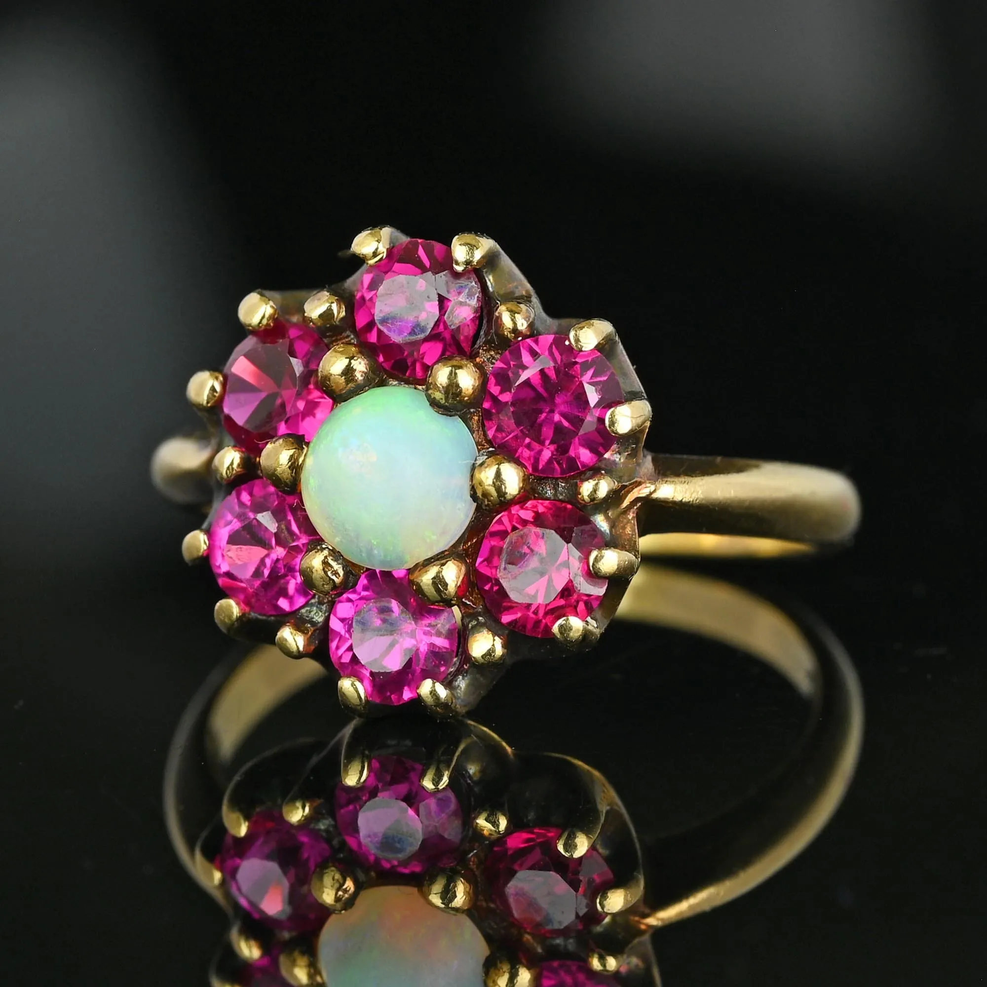 Antique Gold Ruby Halo Cluster Opal Ring