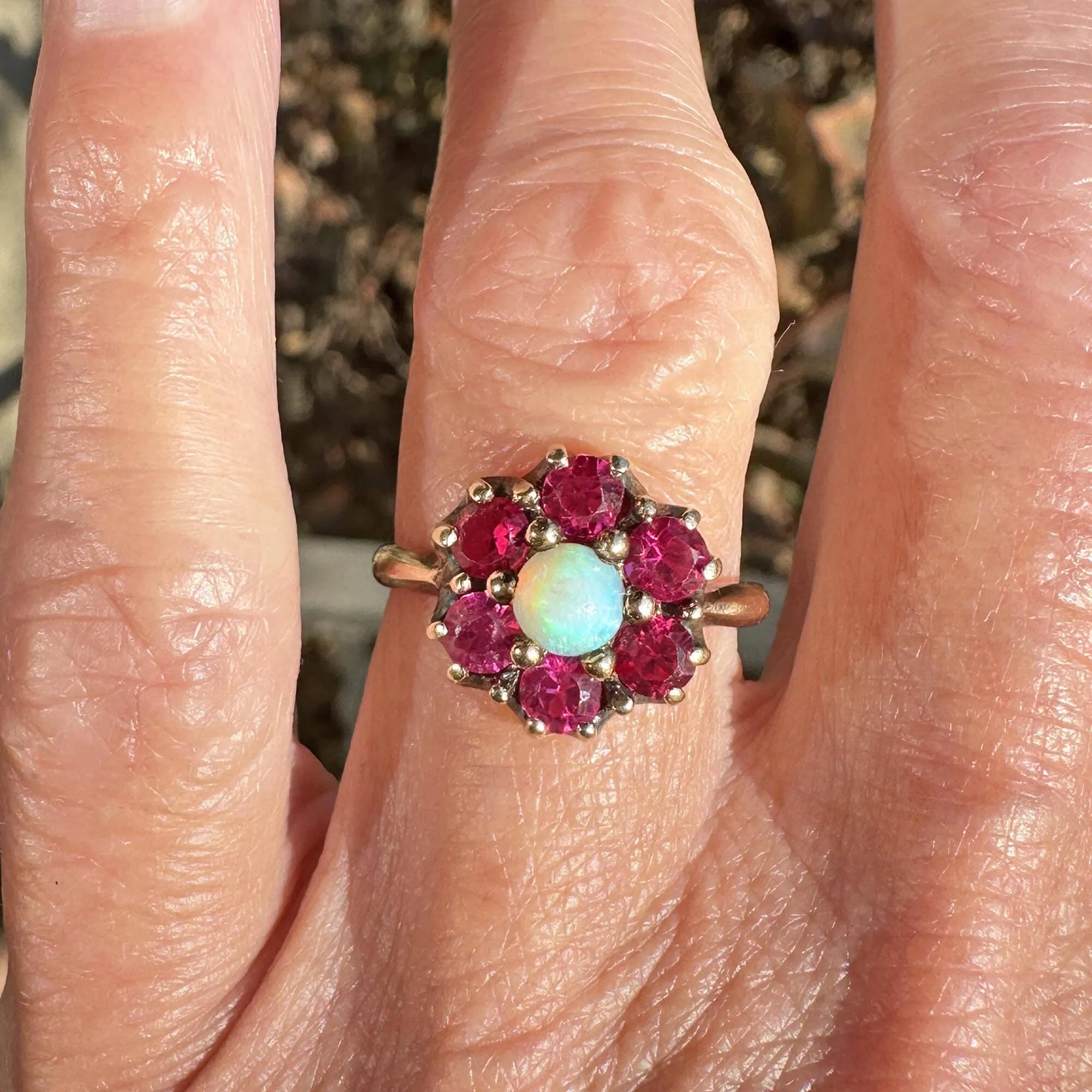 Antique Gold Ruby Halo Cluster Opal Ring