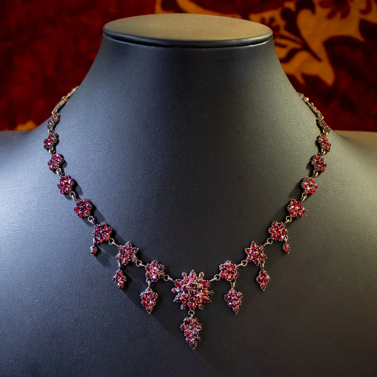 Antique Victorian Bohemian Garnet Floral Dropper Necklace