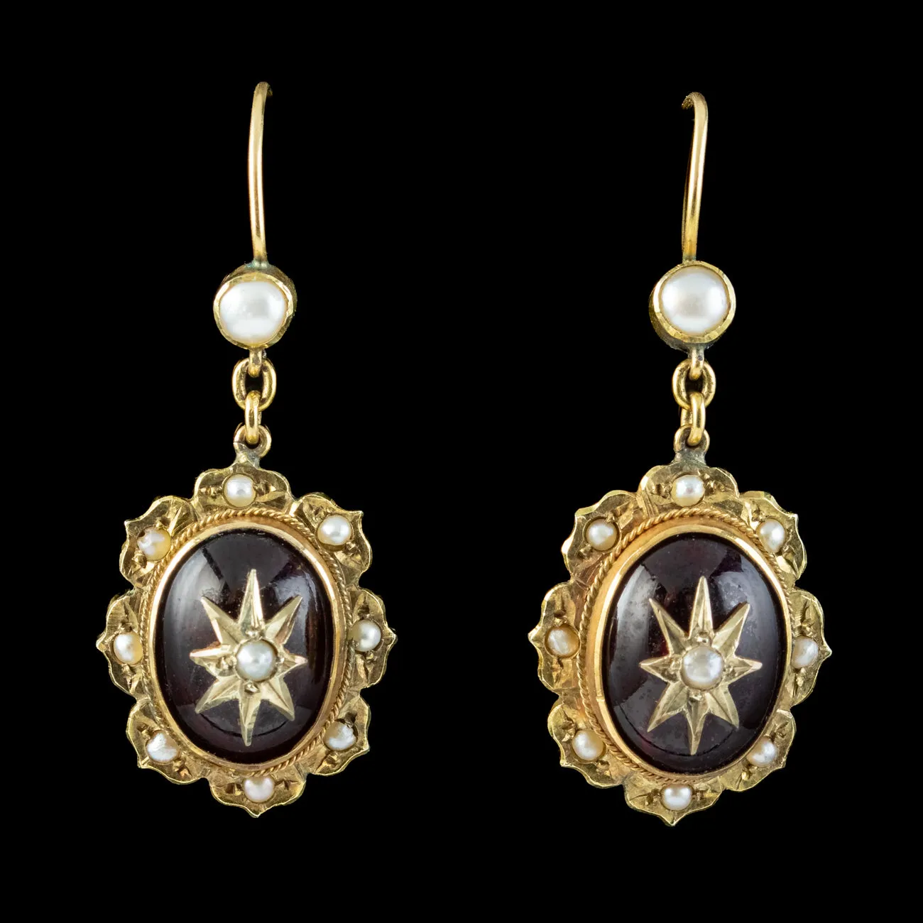 Antique Victorian Etruscan Revival Garnet Pearl Star Earrings 18ct Gold