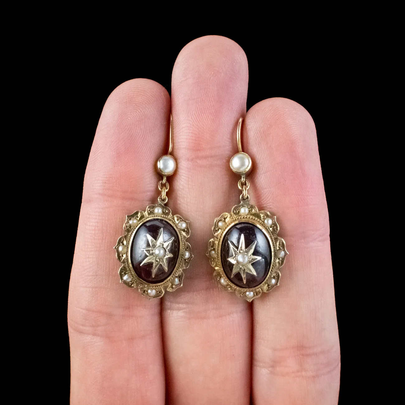 Antique Victorian Etruscan Revival Garnet Pearl Star Earrings 18ct Gold