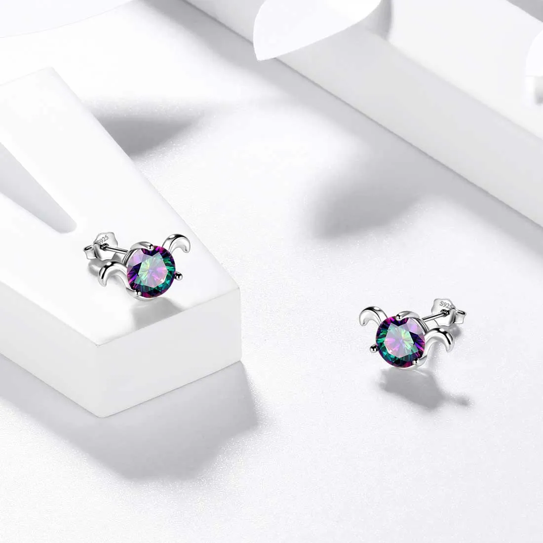 Aries Stud Earrings Women Girls Constellation Jewelry Mystic Topaz Sterling Silver