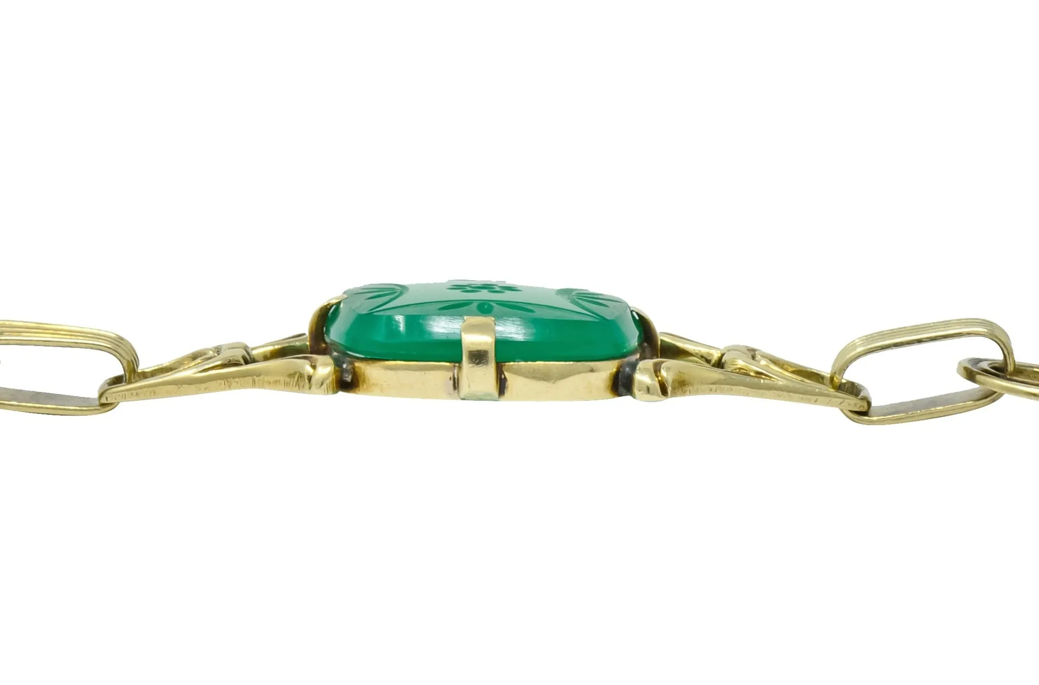 Art Deco 1930's Carved Green Onyx Intaglio 14 Karat Gold Floral Link Bracelet