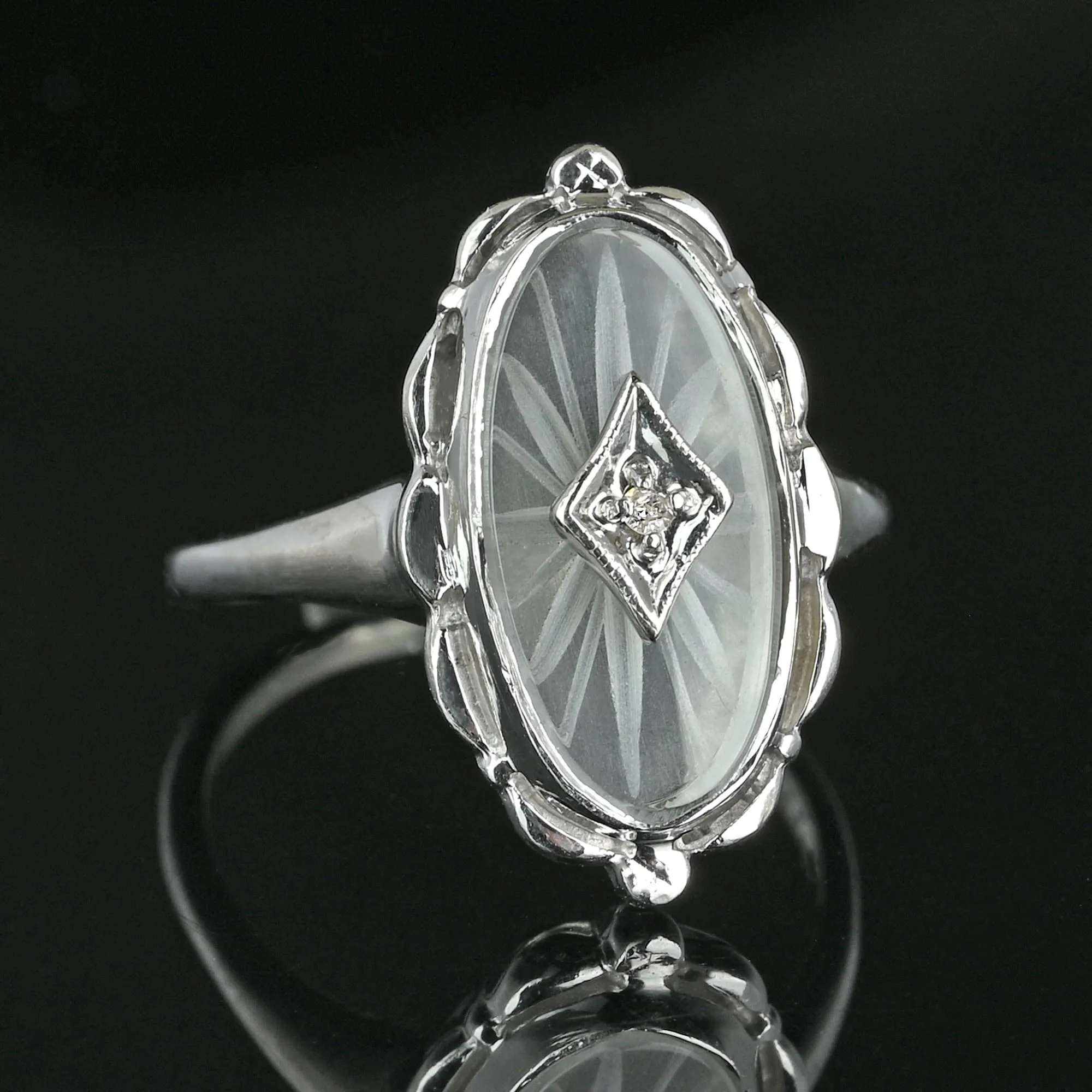 Art Deco Diamond Starburst Camphor Glass Ring in 10K White Gold