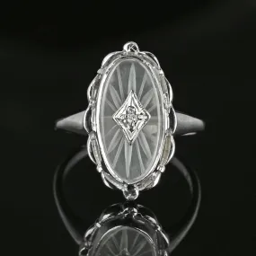 Art Deco Diamond Starburst Camphor Glass Ring in 10K White Gold