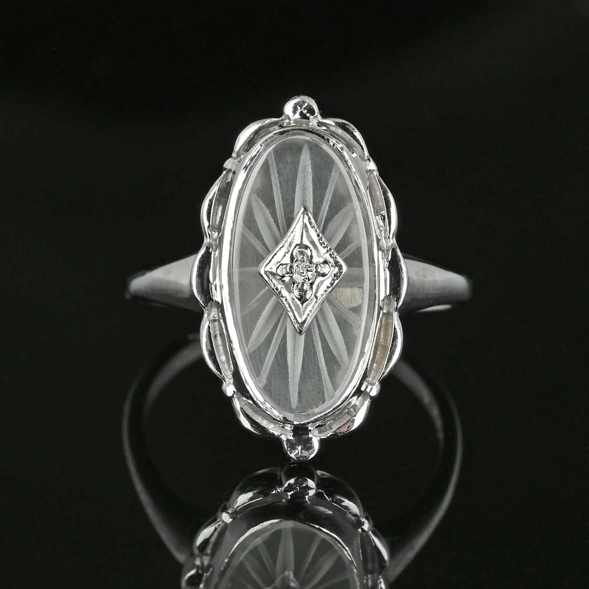 Art Deco Diamond Starburst Camphor Glass Ring in 10K White Gold