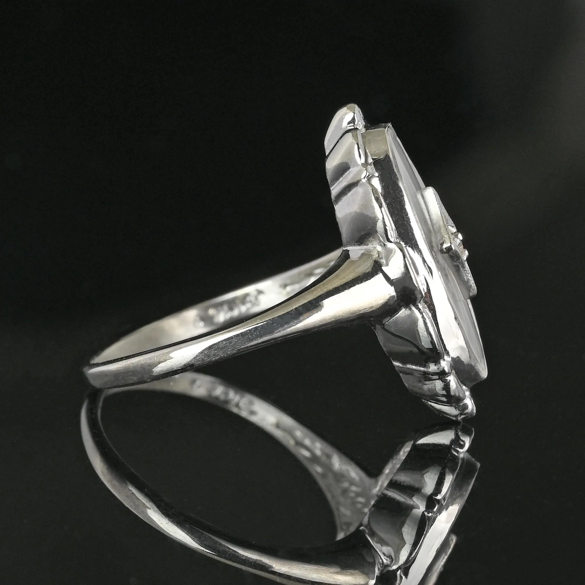 Art Deco Diamond Starburst Camphor Glass Ring in 10K White Gold