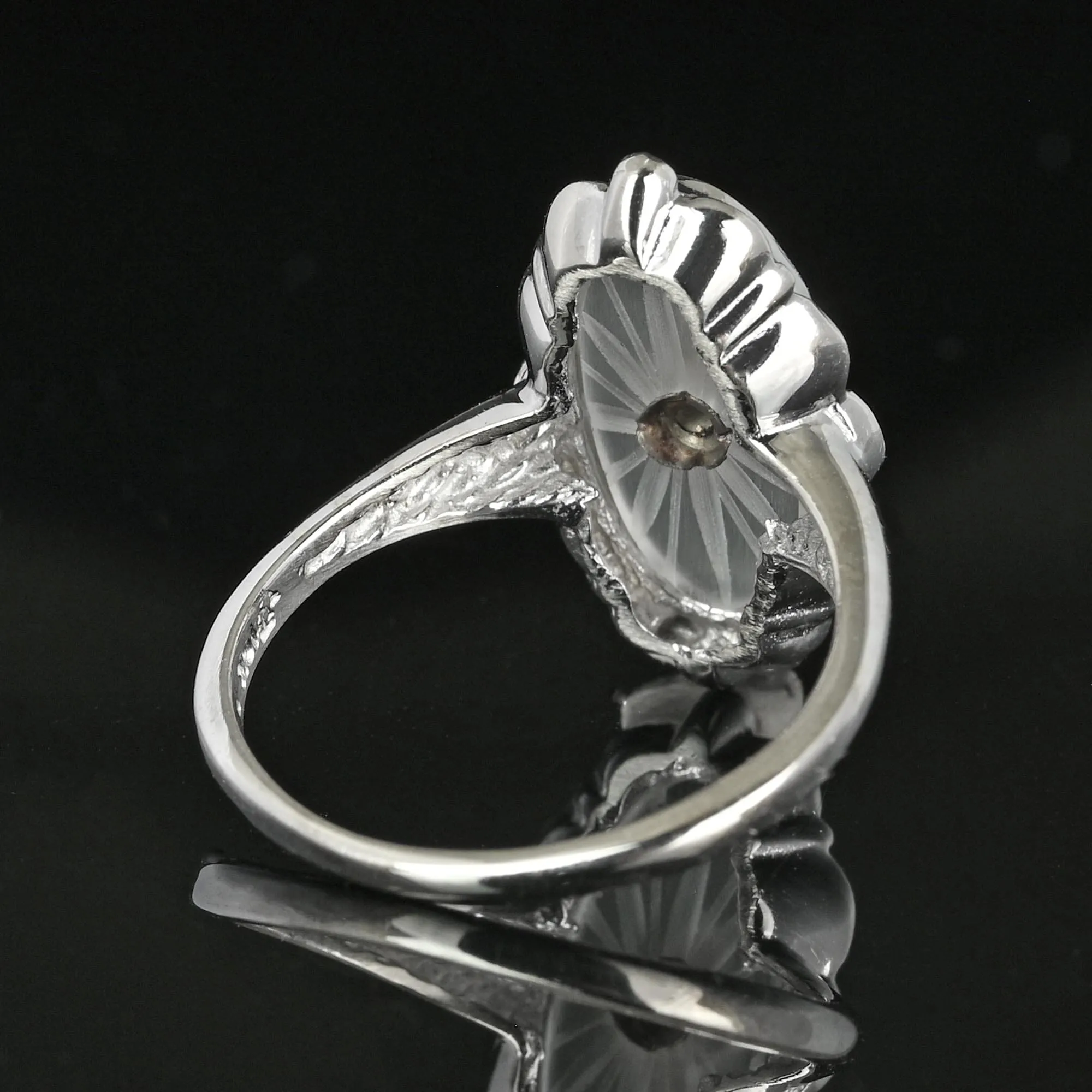 Art Deco Diamond Starburst Camphor Glass Ring in 10K White Gold