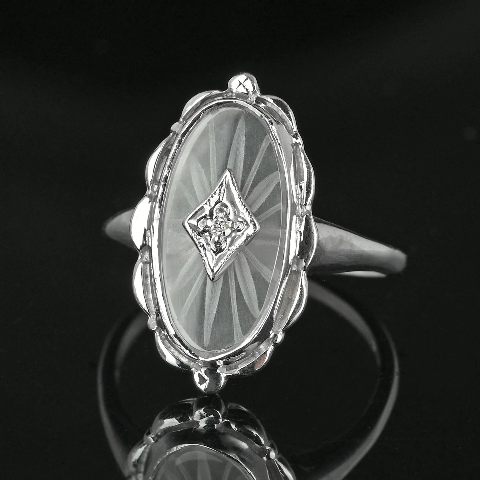 Art Deco Diamond Starburst Camphor Glass Ring in 10K White Gold