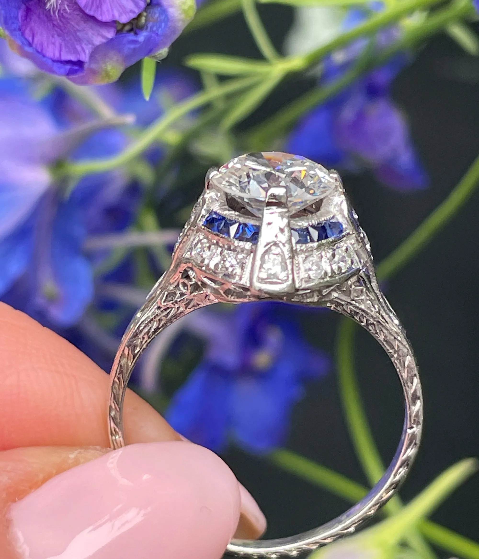 Art Deco GIA Vintage Antique 3.0ct Old EUROPEAN Diamond Sapphire Platinum Engagement Ring