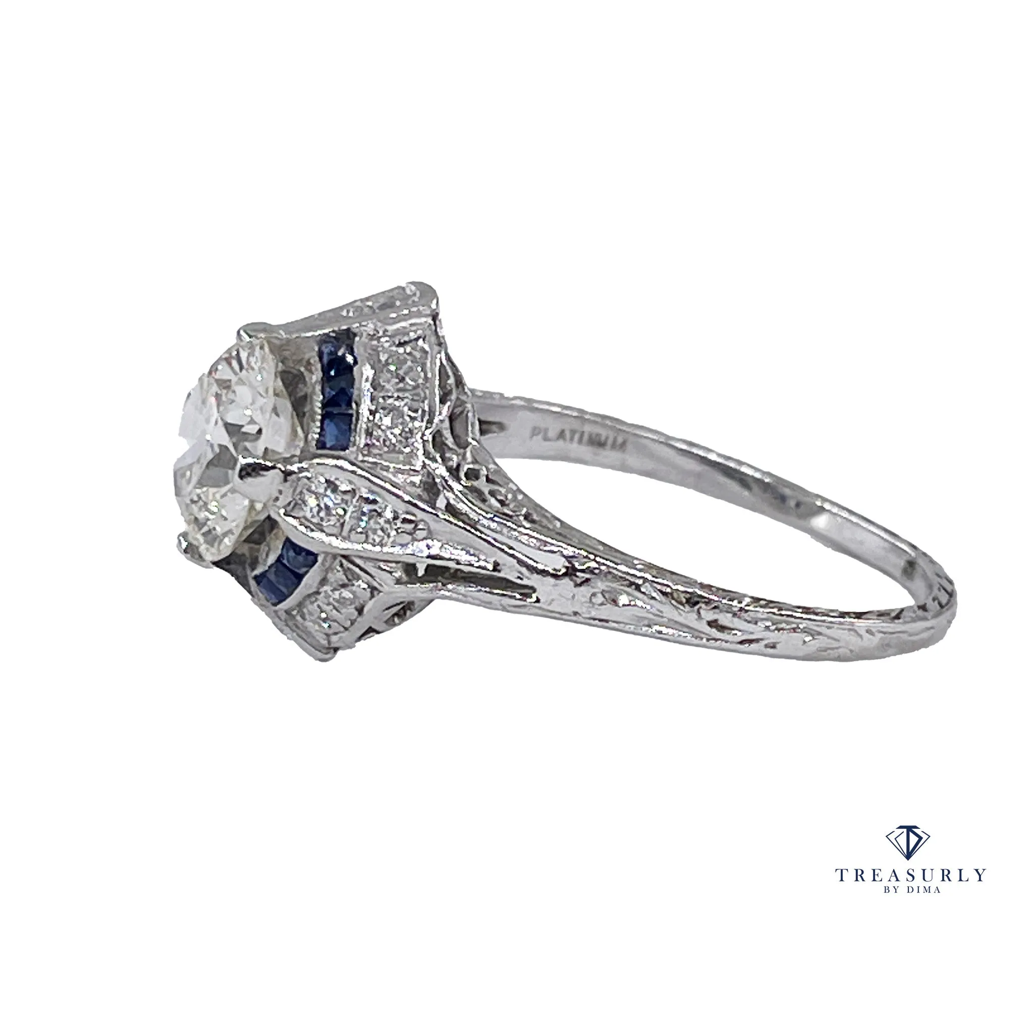 Art Deco GIA Vintage Antique 3.0ct Old EUROPEAN Diamond Sapphire Platinum Engagement Ring