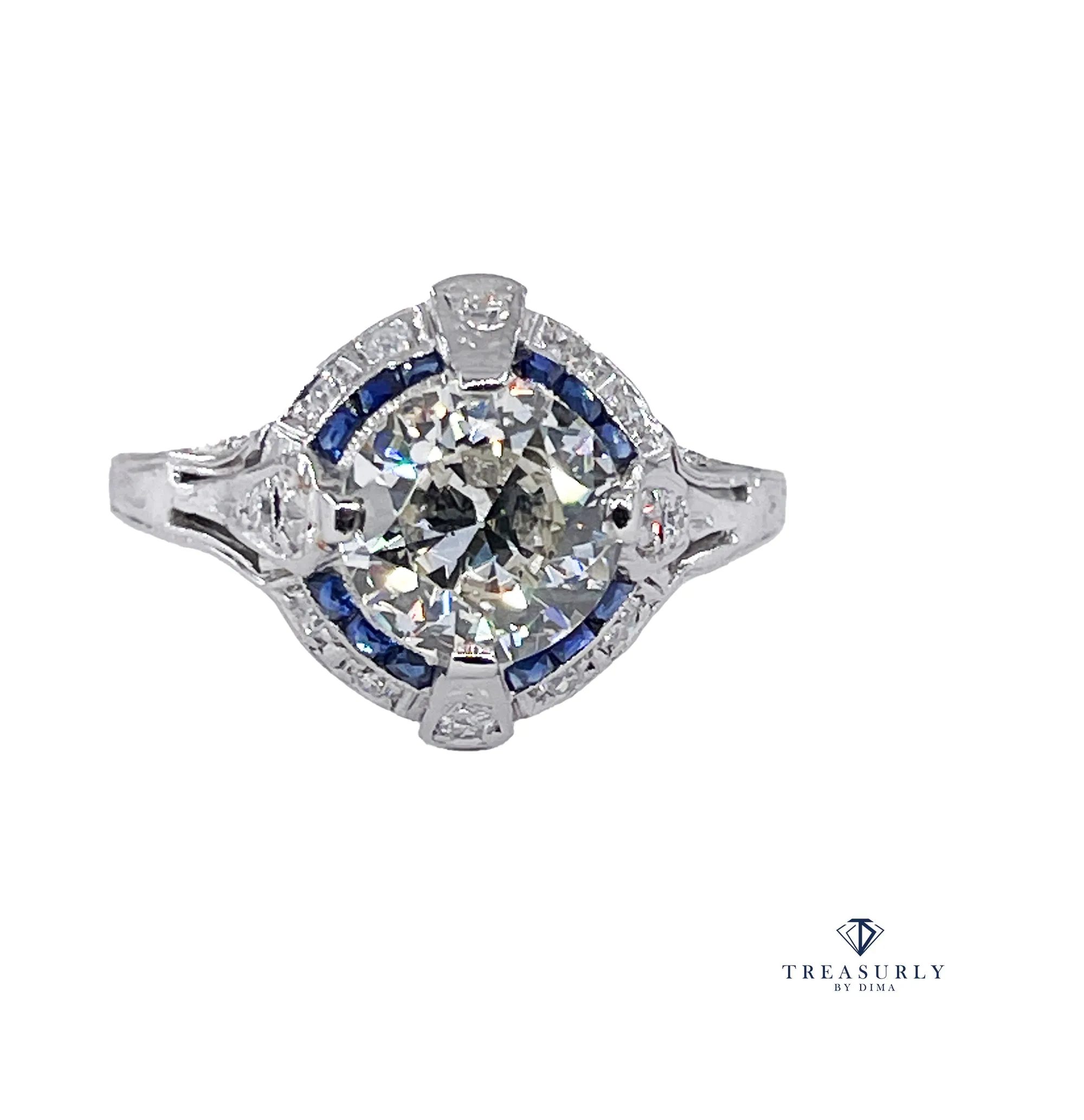 Art Deco GIA Vintage Antique 3.0ct Old EUROPEAN Diamond Sapphire Platinum Engagement Ring